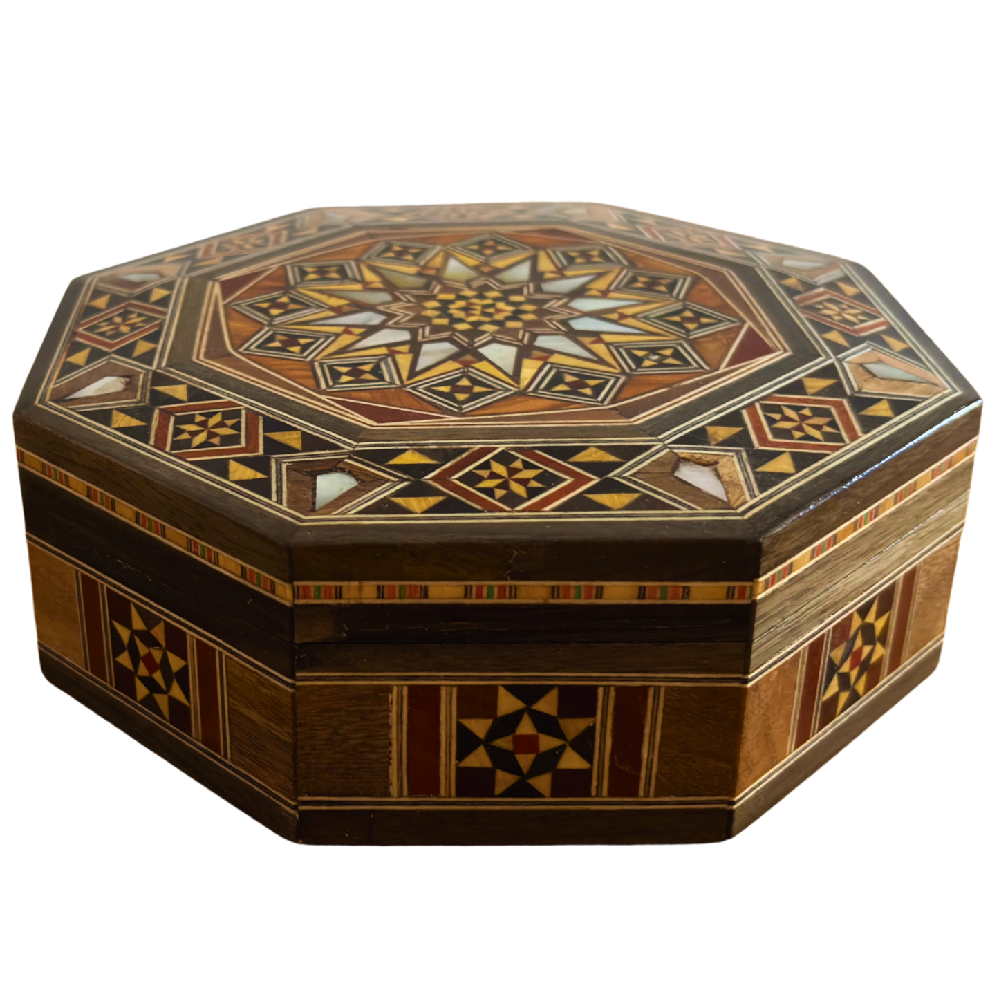 Elegante achthoekige Damascene mozaïekdoos – Handgemaakt hout met parelmoer inleg
