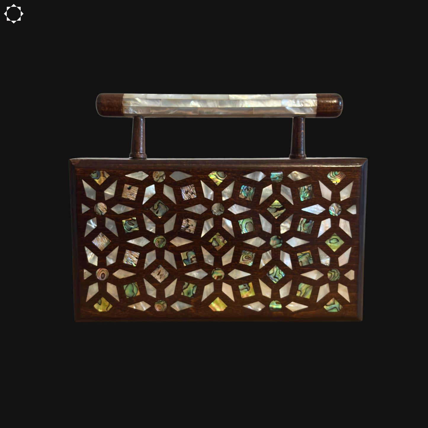De Tuin der Geheimen – Handgemaakte Damascener Clutch van Notenhout met Geometrische en Botanische Inleg van Parelmoer