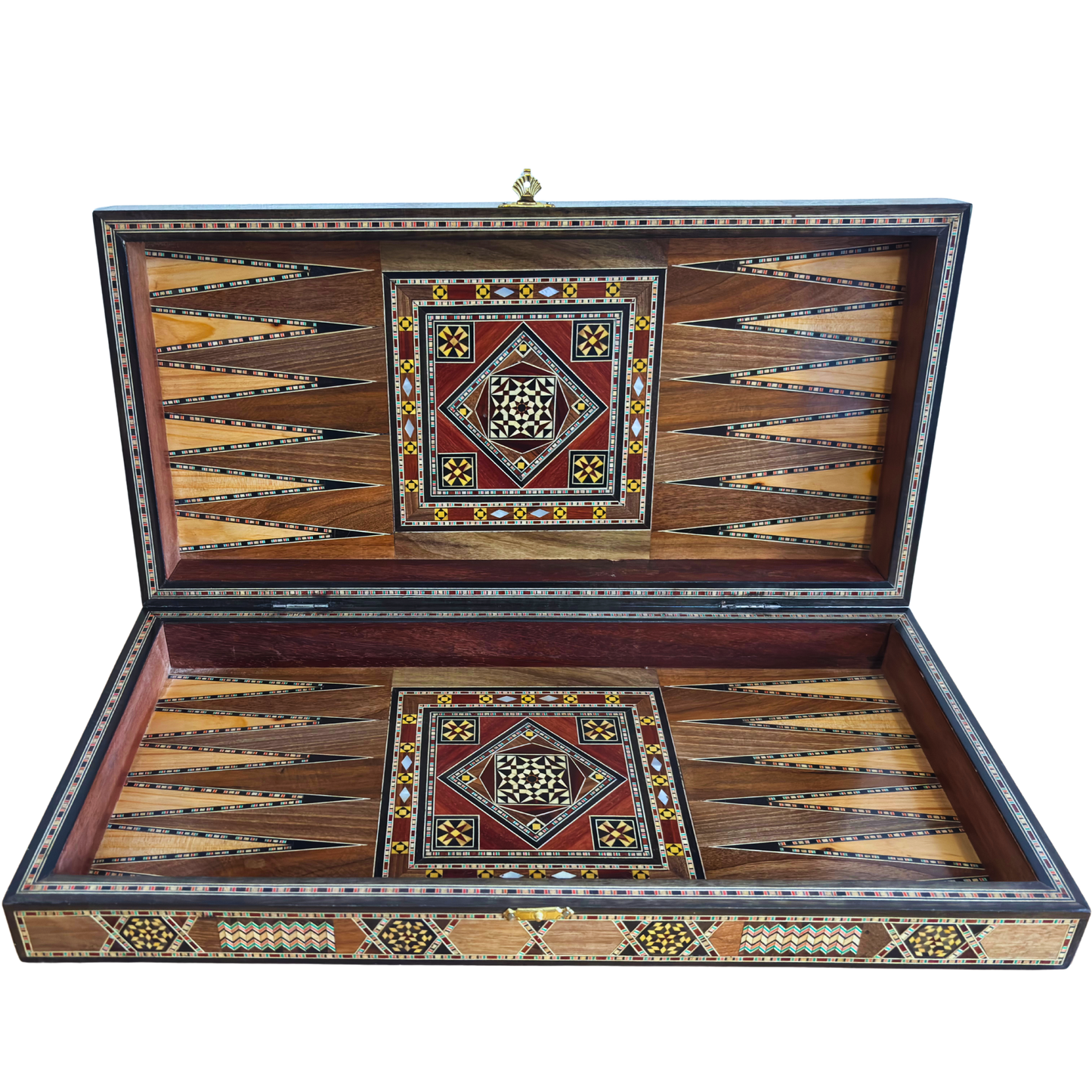 Handgemaakte Damascener Backgammon- & Schaaktafel door Gaby Al Dayeh – Meesterwerk met Parelmoerinleg
