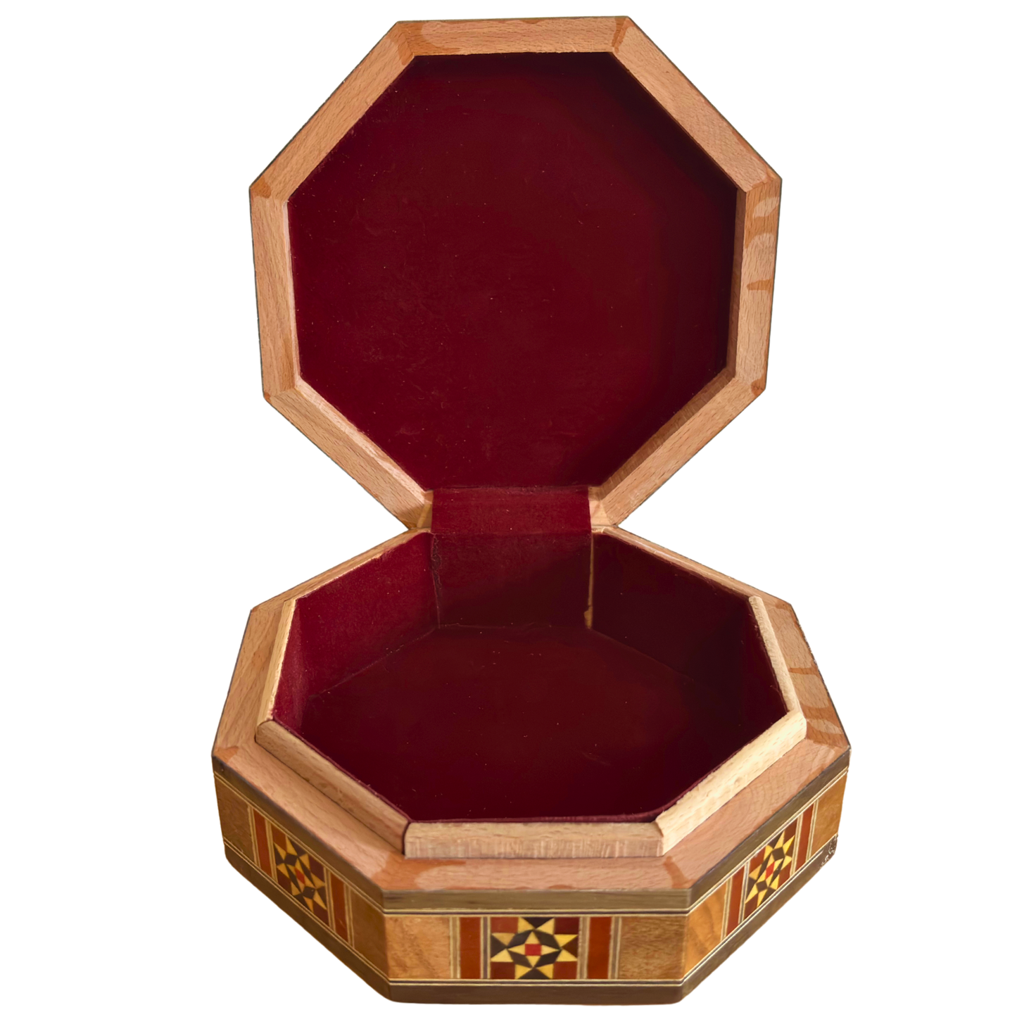 Elegante achthoekige Damascene mozaïekdoos – Handgemaakt hout met parelmoer inleg