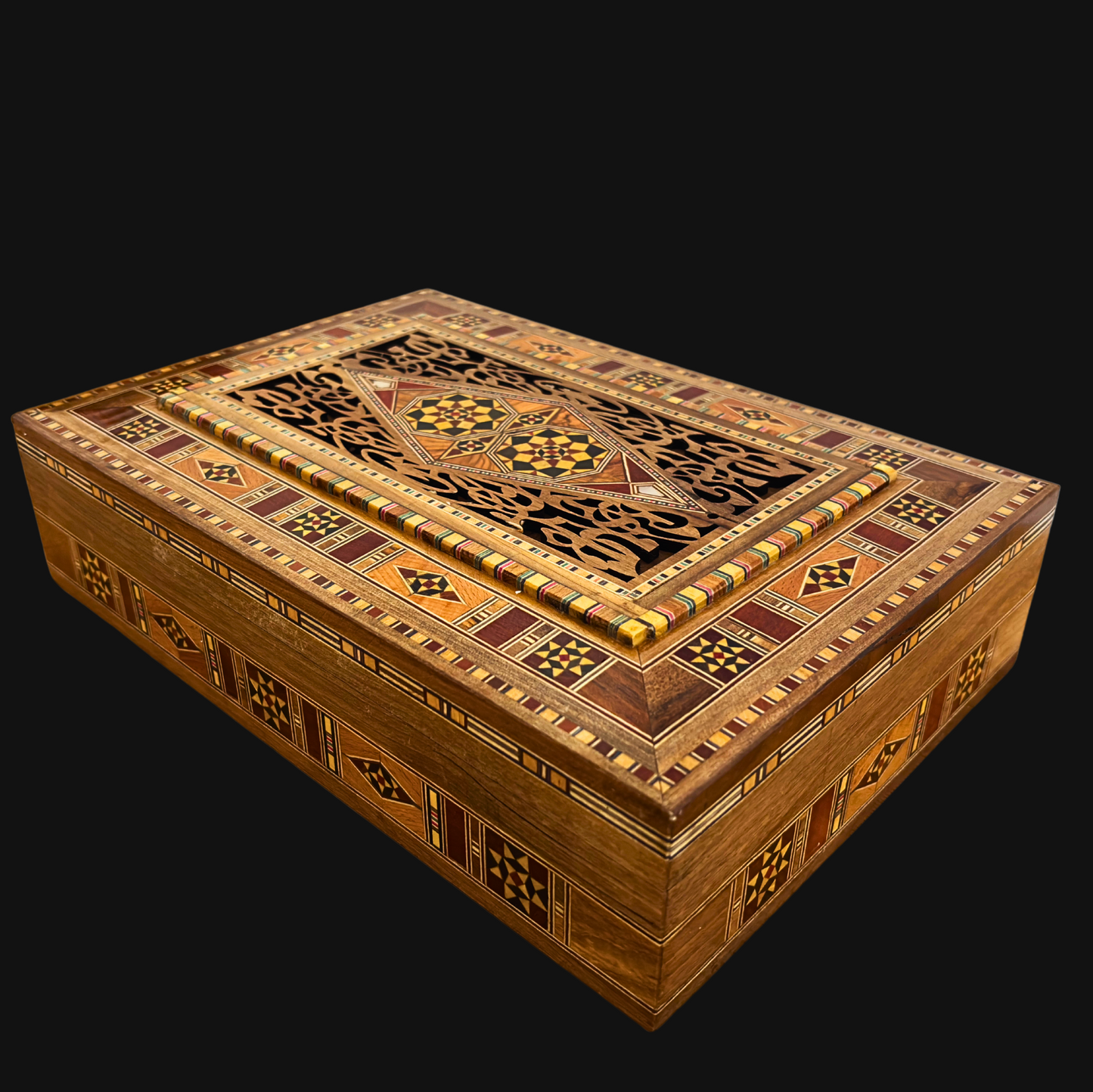 Elegante große Mosaikbox – handgefertigte Schmuck- und Andenkentruhe aus Holz mit Samtfutter