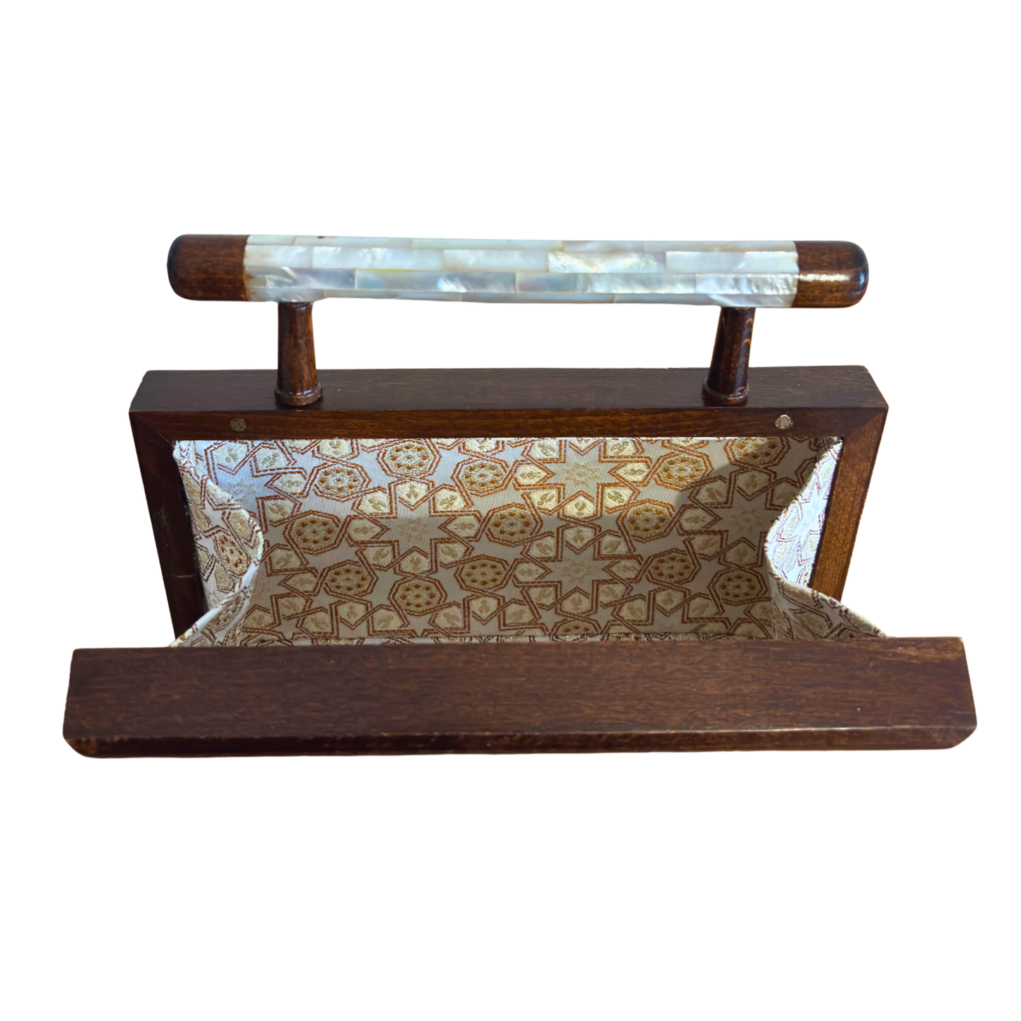 De Tuin der Geheimen – Handgemaakte Damascener Clutch van Notenhout met Geometrische en Botanische Inleg van Parelmoer