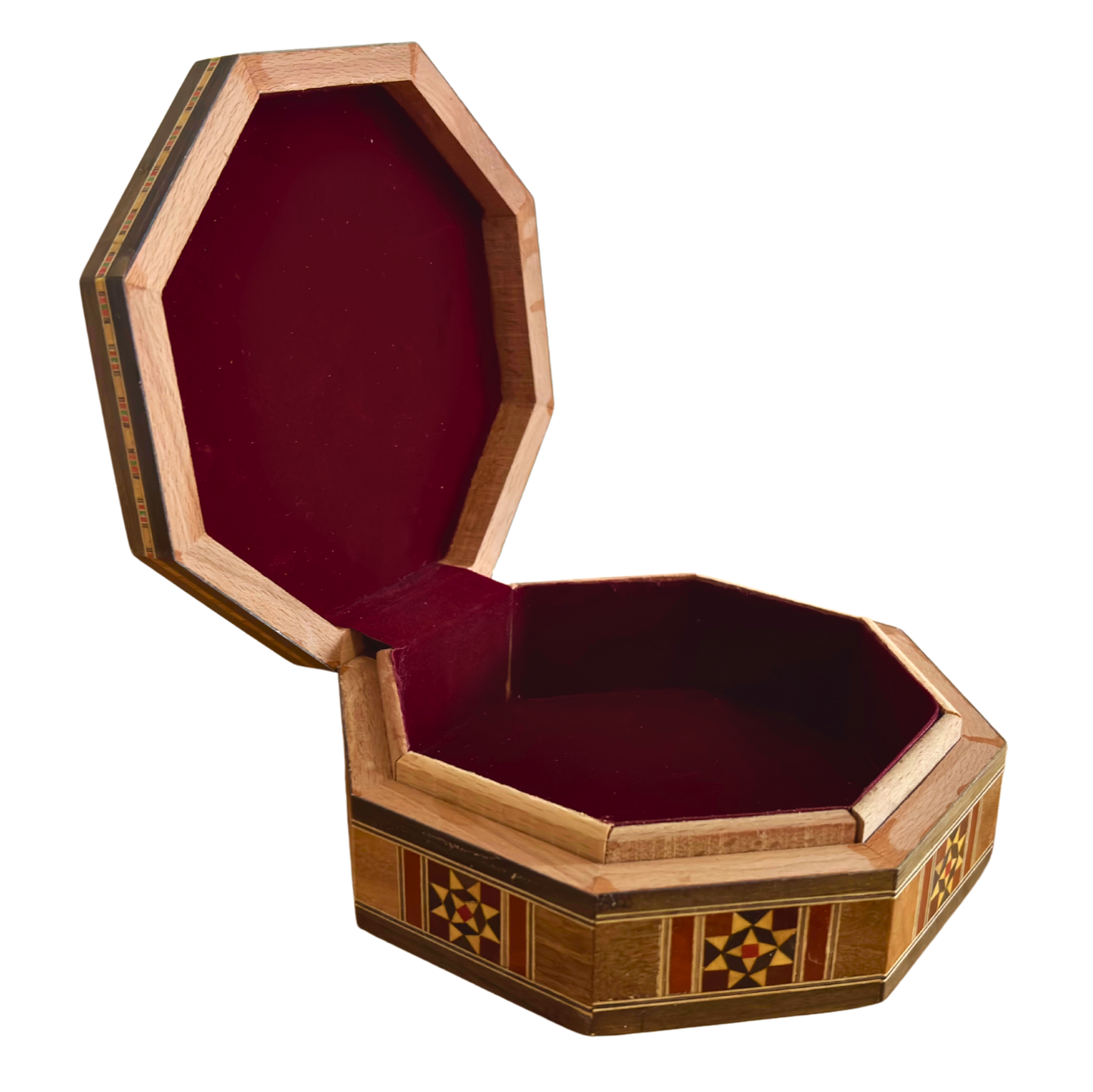 Elegante achthoekige Damascene mozaïekdoos – Handgemaakt hout met parelmoer inleg