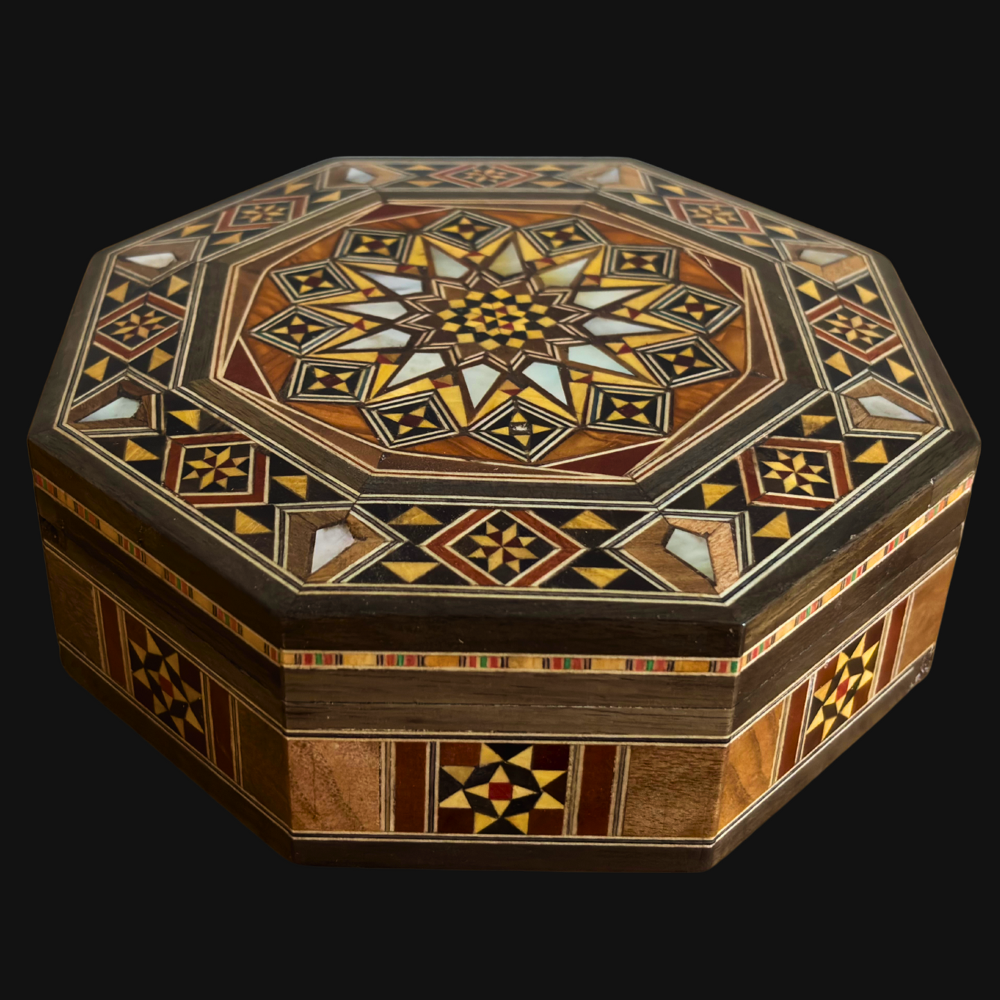 Elegante achthoekige Damascene mozaïekdoos – Handgemaakt hout met parelmoer inleg