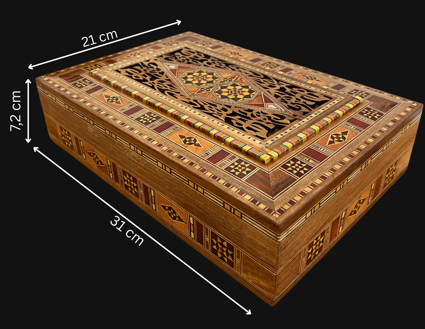 Elegante große Mosaikbox – handgefertigte Schmuck- und Andenkentruhe aus Holz mit Samtfutter