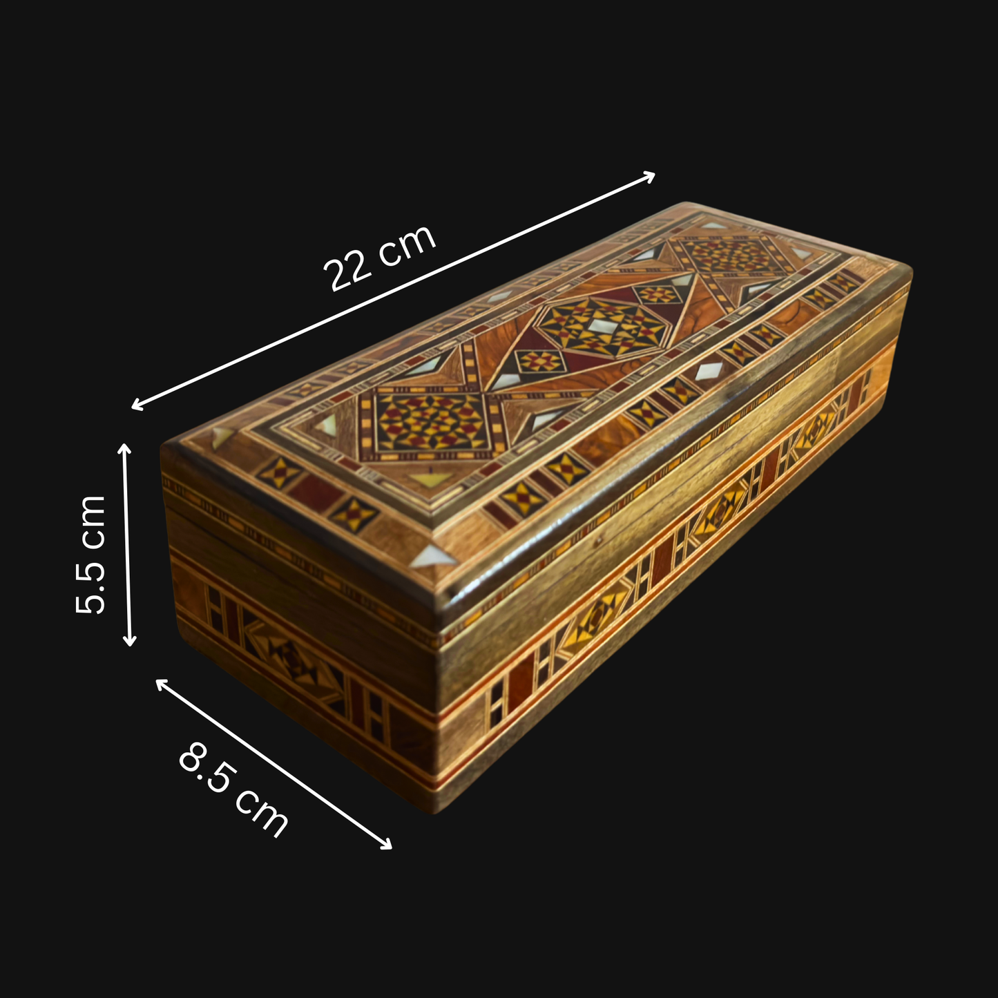 صندوق موزاييك دمشقي للأقلام والمجوهرات والمسبحة – فن مطعّم بالصدف
