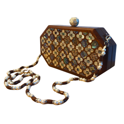 Jouri – Clutch Damascena di Lusso con Madreperla Floreale & Catena di Perle