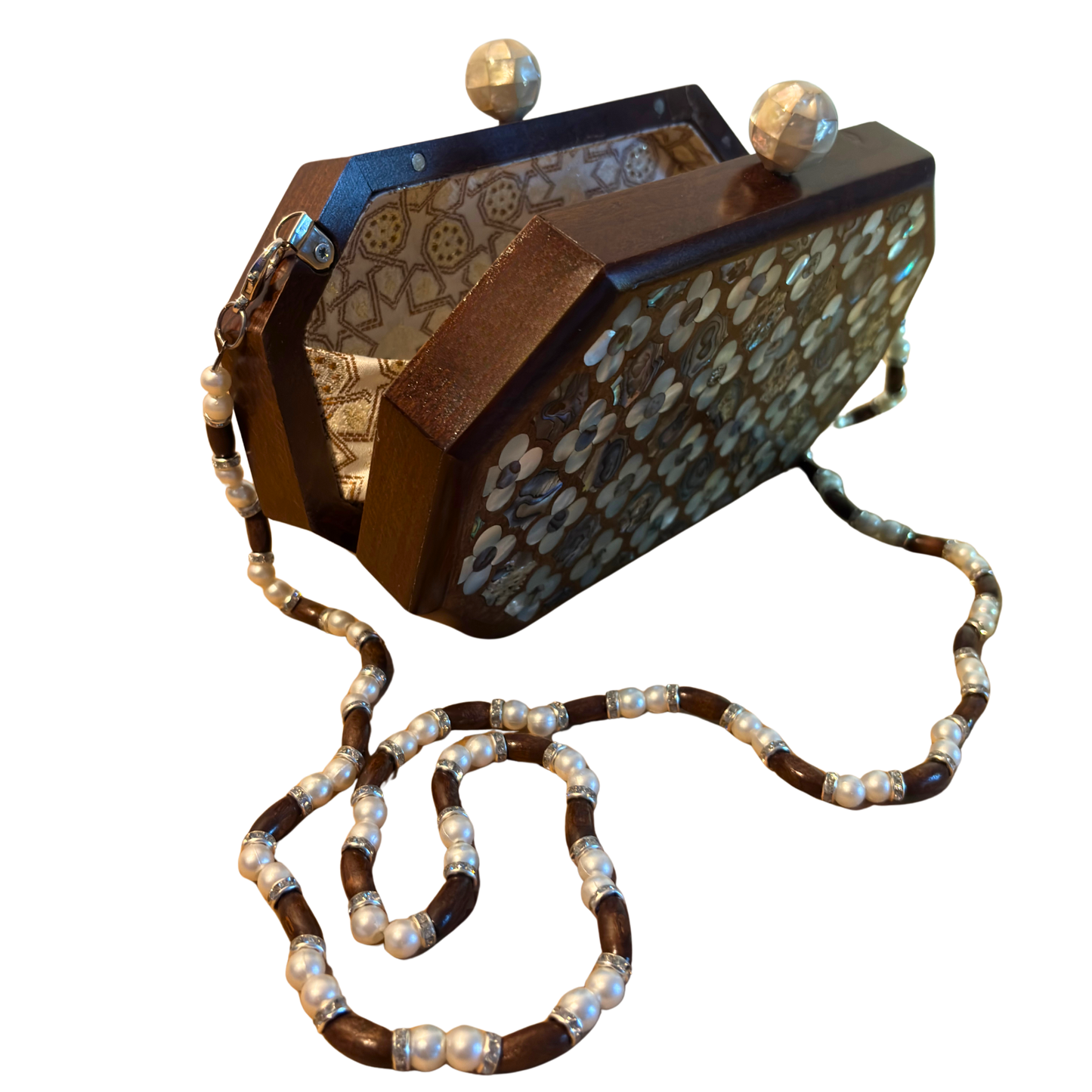 Jouri – Clutch Damascena di Lusso con Madreperla Floreale & Catena di Perle