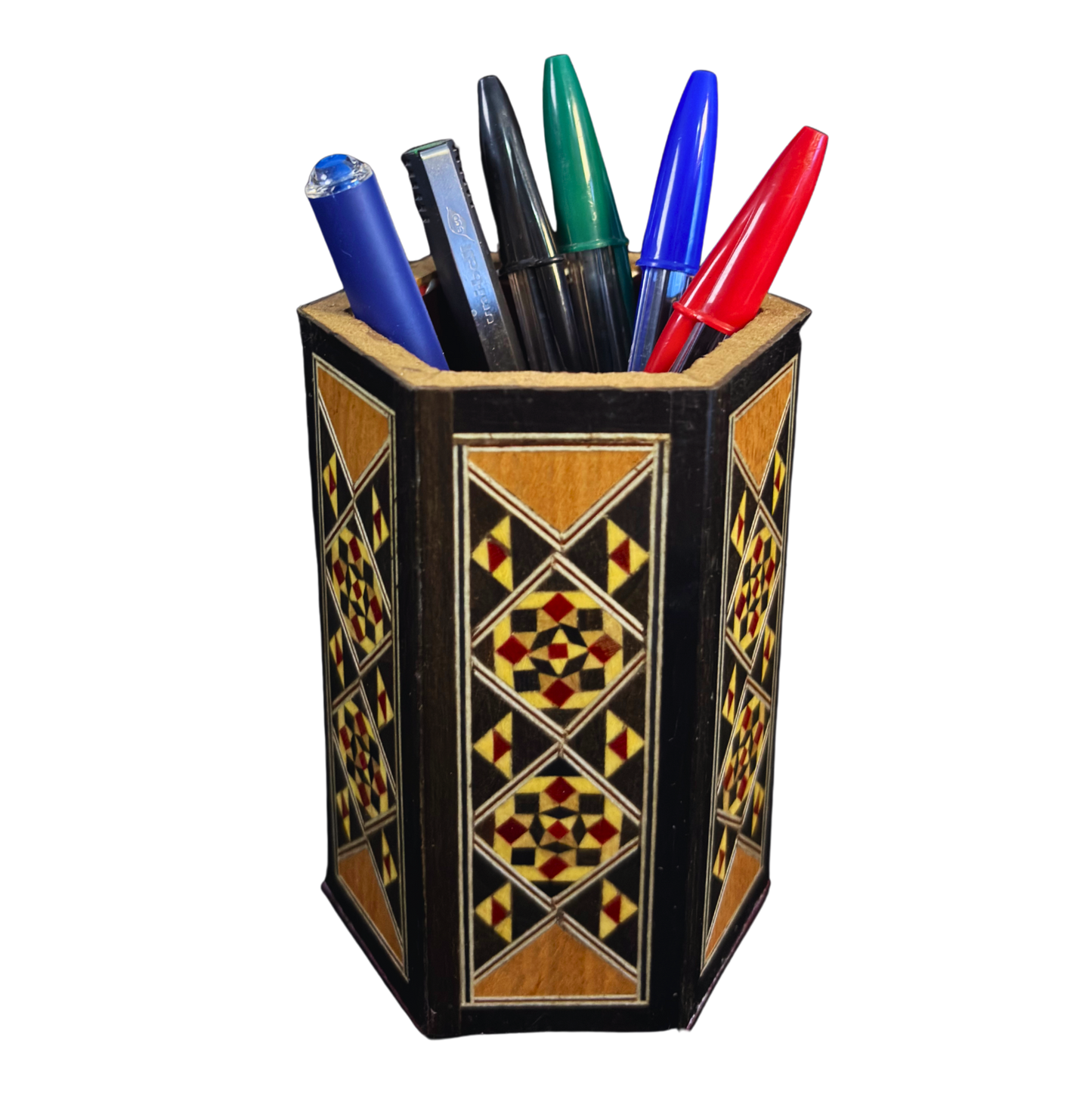 Handcrafted Damascene Mosaic Pen Holder – Velvet Interior
