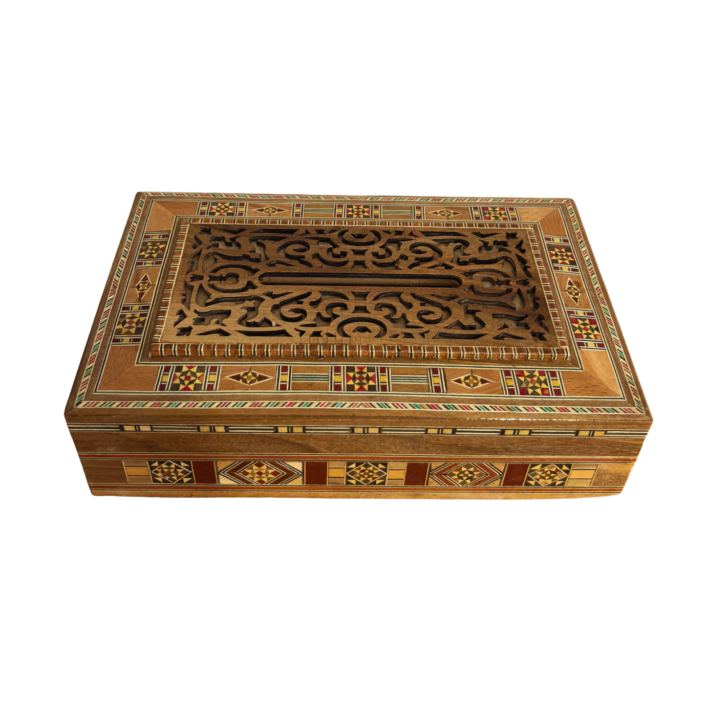 Damascene Carved Wooden Tissue Box – Natural Woods & Wine-Red Velvet Interior