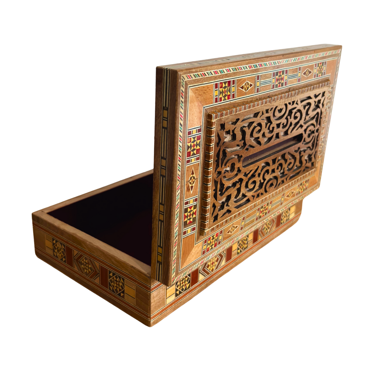 Damascene Carved Wooden Tissue Box – Natural Woods & Wine-Red Velvet Interior