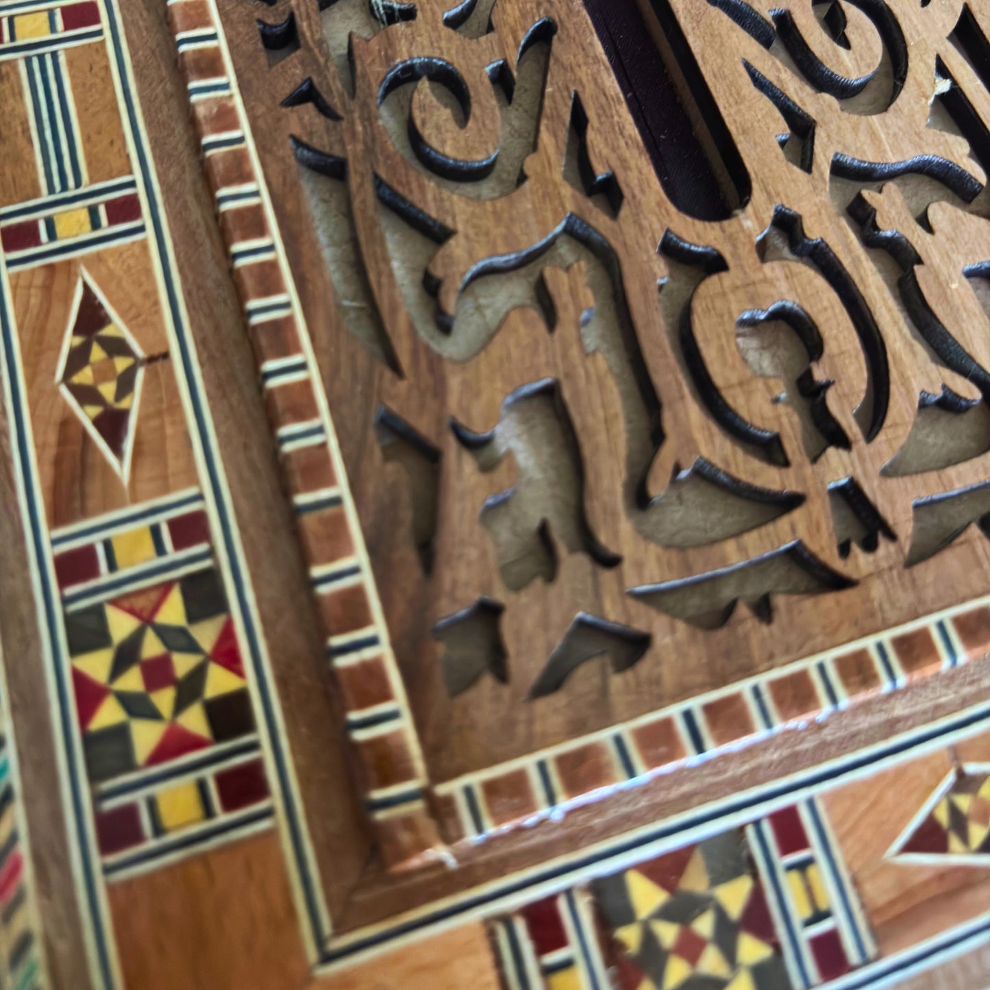 Damascene Carved Wooden Tissue Box – Natural Woods & Wine-Red Velvet Interior