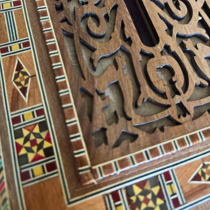 Damascene Carved Wooden Tissue Box – Natural Woods & Wine-Red Velvet Interior