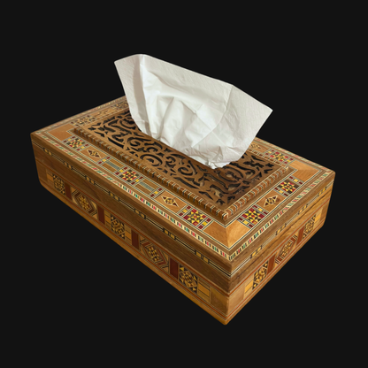 Damascene Carved Wooden Tissue Box – Natural Woods & Wine-Red Velvet Interior