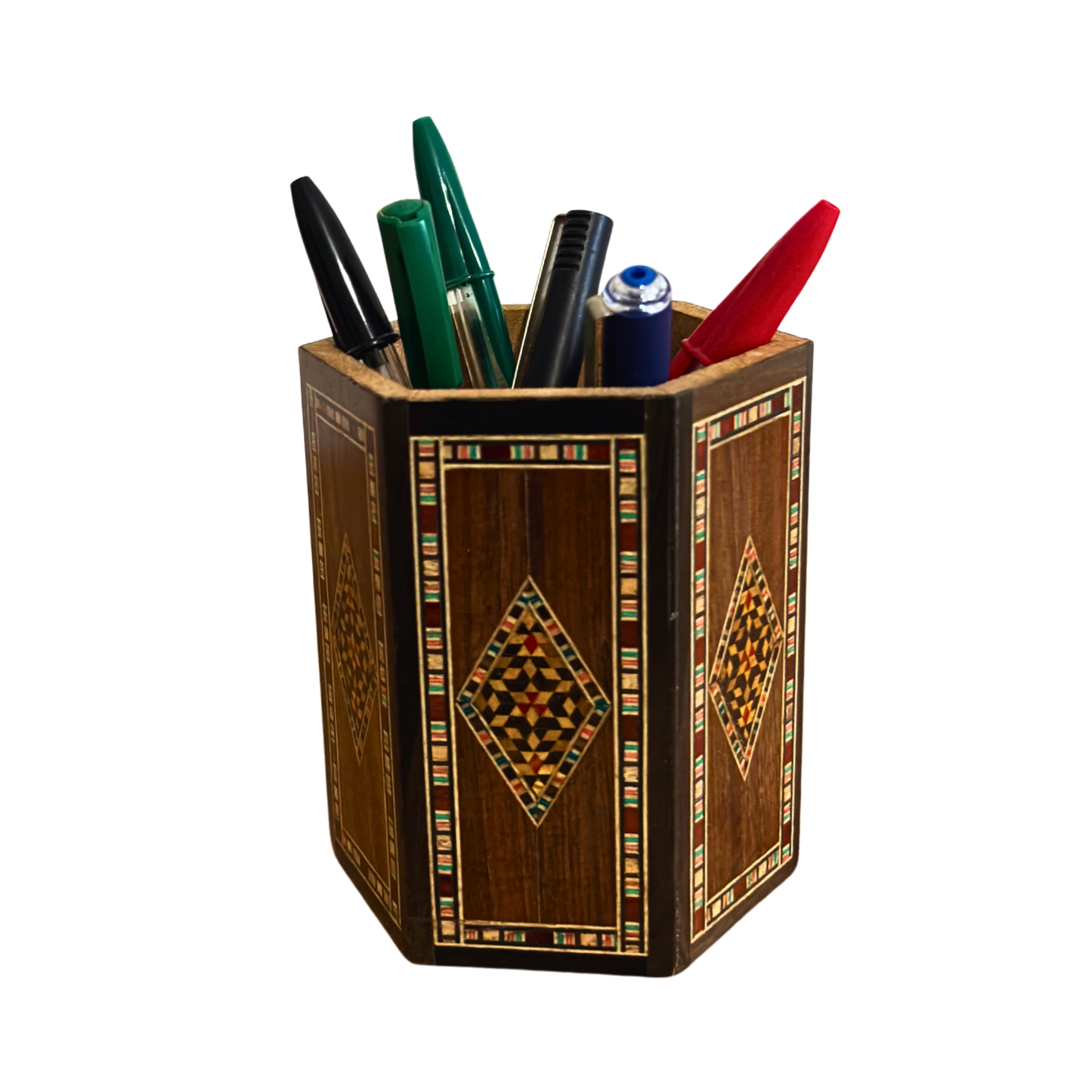 Damascene Mosaic Wooden Pen Holder by Gaby Al Dayeh – Natural Woods & Handcrafted Elegance