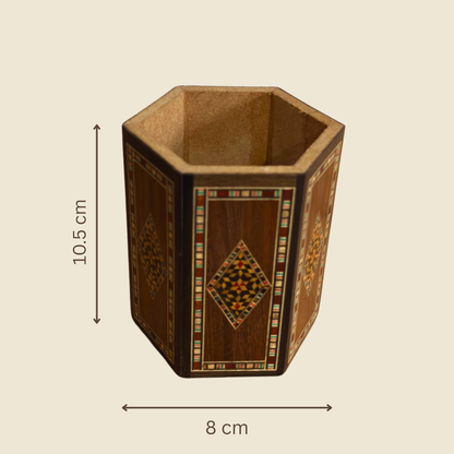 Damascene Mosaic Wooden Pen Holder by Gaby Al Dayeh – Natural Woods & Handcrafted Elegance