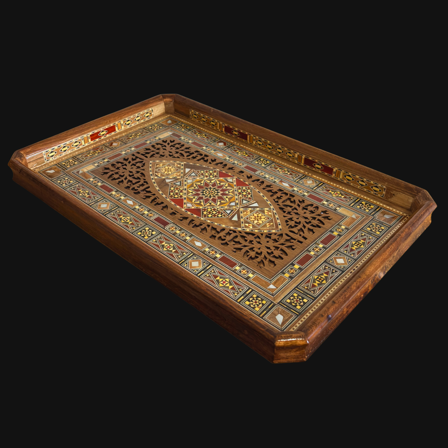 Damascene Mosaic Wooden Tray – Mother of Pearl Inlay & Natural Wood Elegance