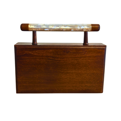 Zenobia – Luxe Damascene Clutch in Notenhout met Parelmoer Inleg & Brokaat Voering