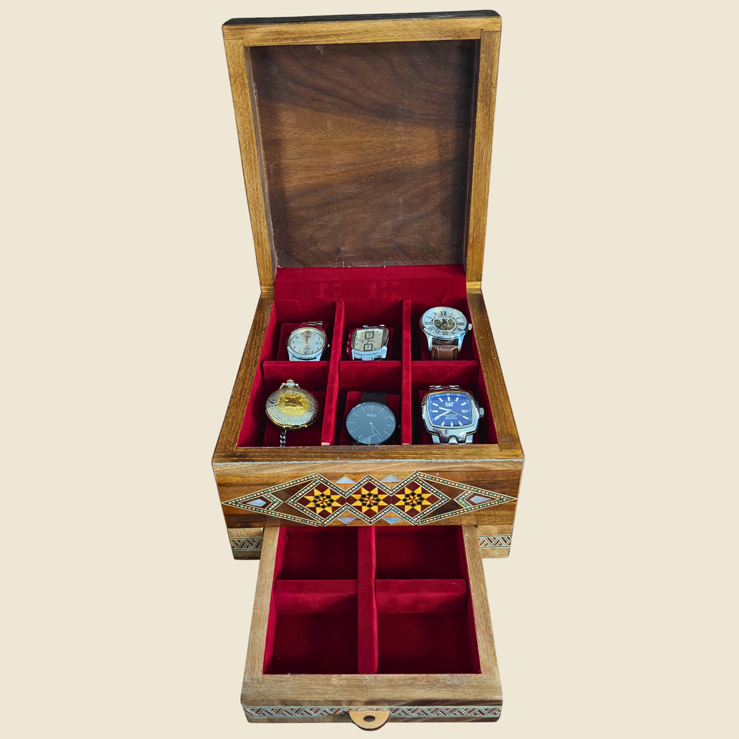 Luxury Damascene Mosaic Watch Box for 6 Watches – Mother of Pearl & Velvet