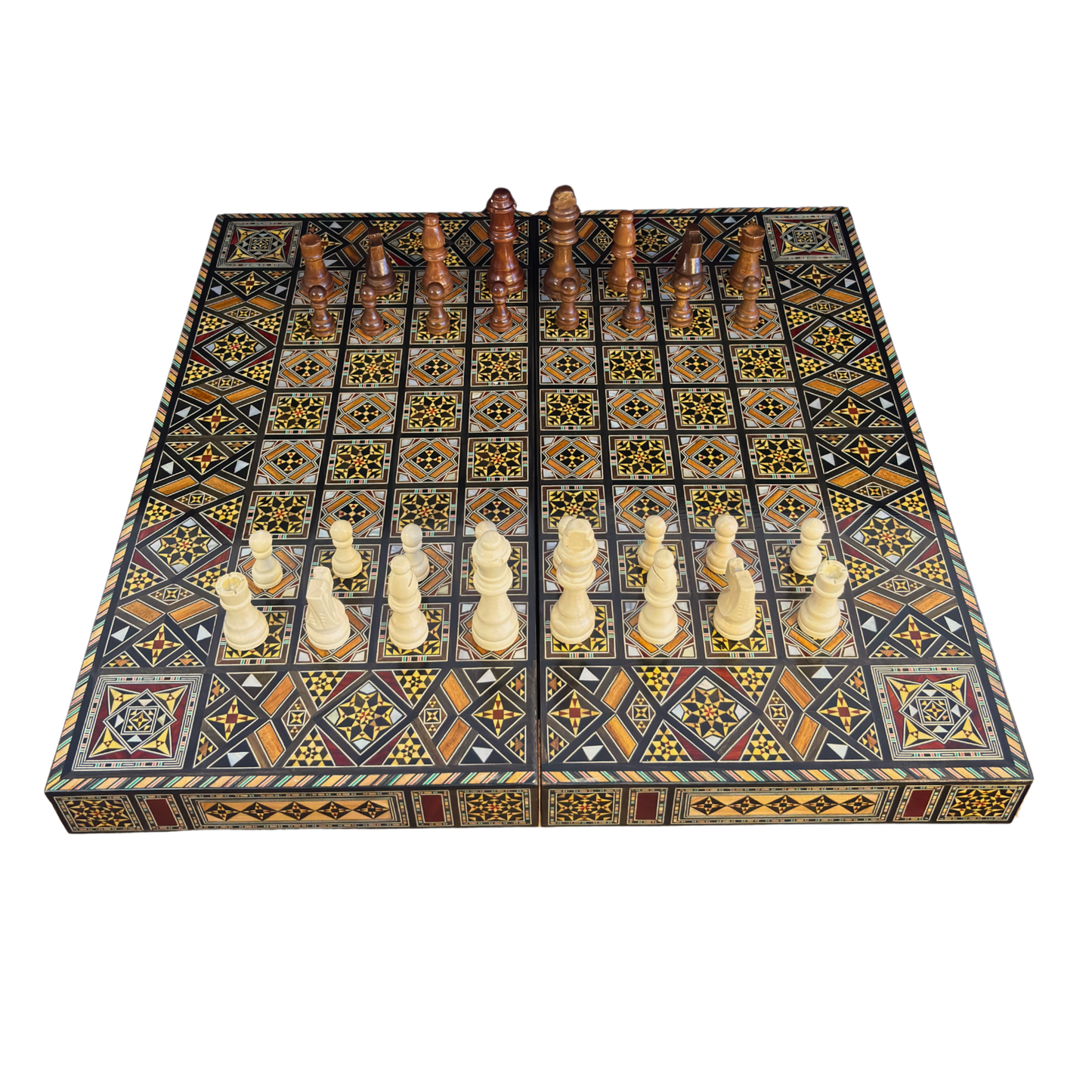 Luxury Mosaic Chess & Backgammon Set – Damascene Art & Mother of Pearl