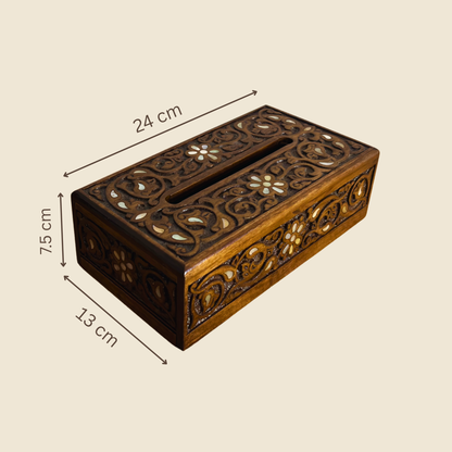 Hand-Carved Beechwood Tissue Box with Mother of Pearl Inlay – Walnut Finish Elegance