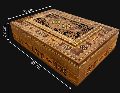 Elegante große Mosaikbox – handgefertigte Schmuck- und Andenkentruhe aus Holz mit Samtfutter