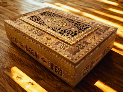 Elegante große Mosaikbox – handgefertigte Schmuck- und Andenkentruhe aus Holz mit Samtfutter