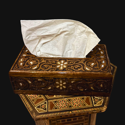 Hand-Carved Beechwood Tissue Box with Mother of Pearl Inlay – Walnut Finish Elegance